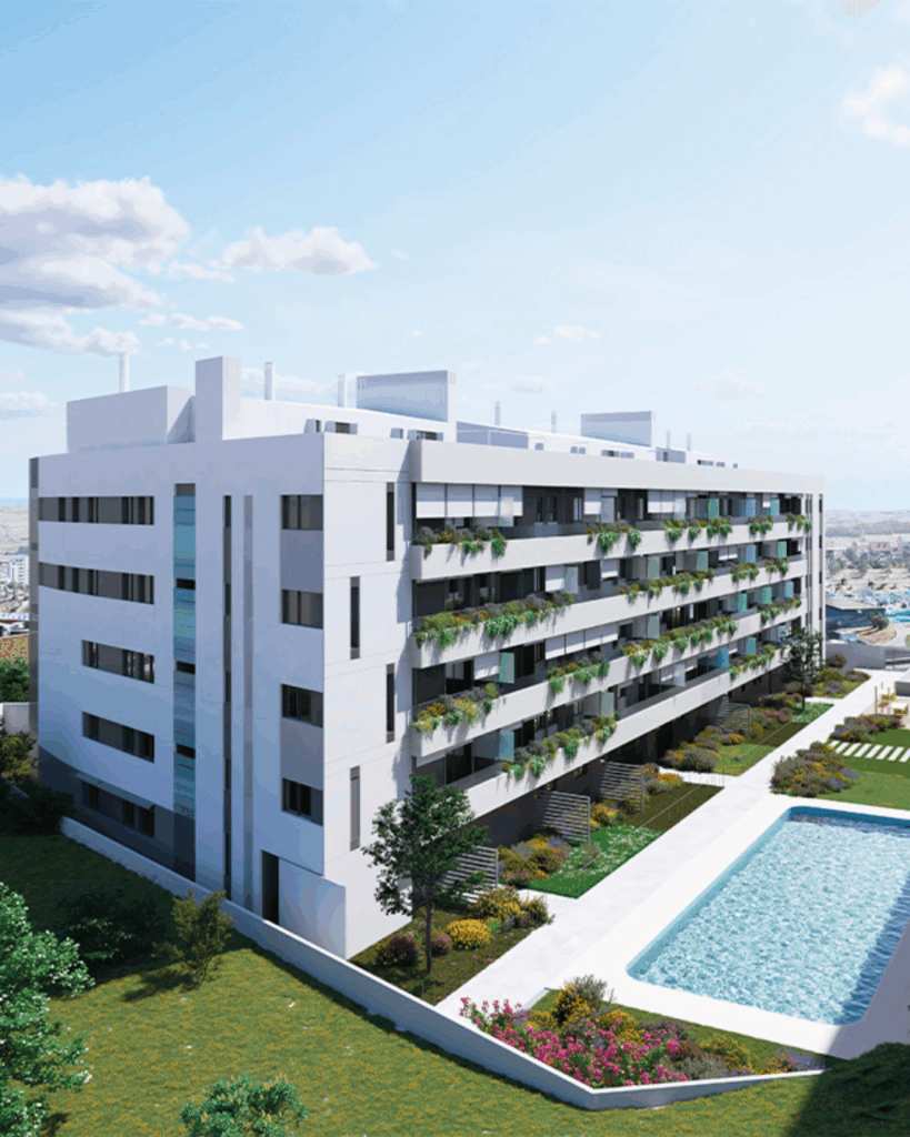 Cómo interpretar los planos de una vivienda antes de comprar: guía práctica para entender tu futuro hogar 2 Fachada de una promoción de obra nueva moderna, representando un desarrollo inmobiliario antes de la entrega de llaves.