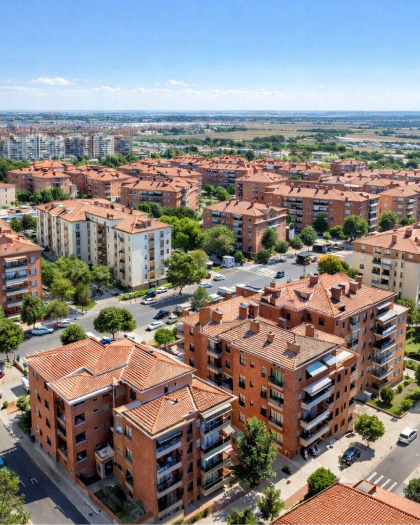 Vista aérea de una zona residencial que permite apreciar la distribución del barrio, los edificios, las calles y los espacios comunes. Esta imagen refleja cómo las diferencias entre zonas dentro de un mismo municipio influyen directamente en el precio, la demanda y el valor real de las viviendas, reforzando la importancia de analizar cada microzona de forma individual.