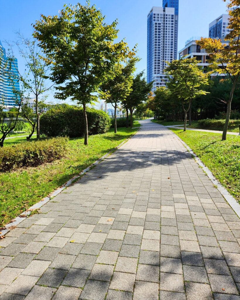 Fotografía de un parque moderno con amplias zonas verdes, senderos para pasear y áreas infantiles, representando la vida familiar en Arganda y Valdemoro.